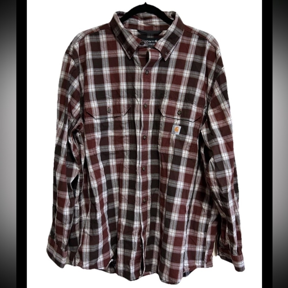 Carhartt Shirt Size XL Brown Plaid Loose Fit Midweight Chambray Long Sleeve